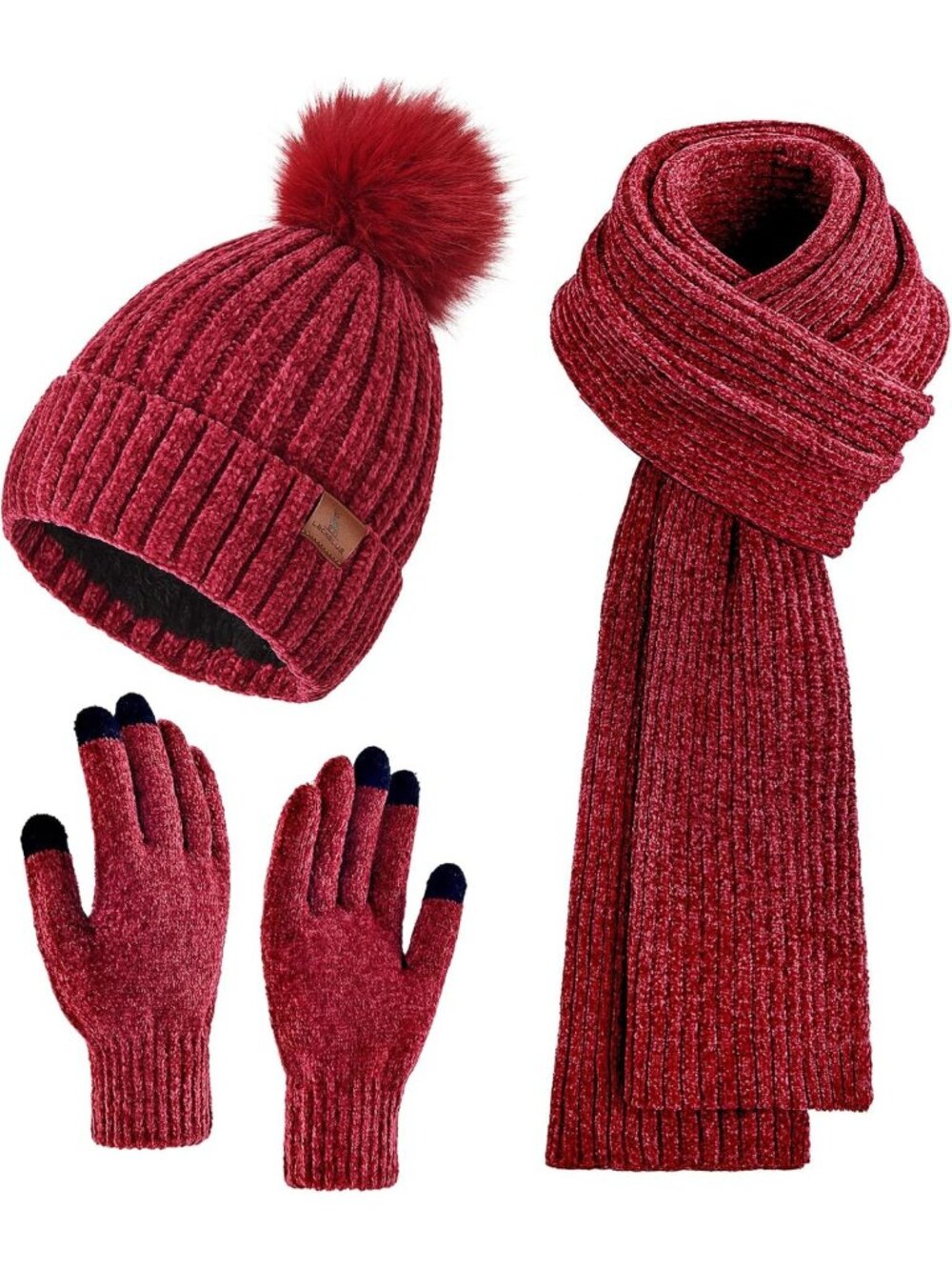 Cozy Winter Beanie, Scarf & Touchscreen Gloves Set - Knit Warm Skull Cap & Neck